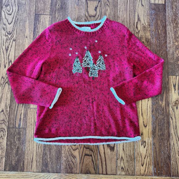 VTG Christopher & Banks Womens M Christmas Sweater Embroidered Trees Holiday - Picture 1 of 10